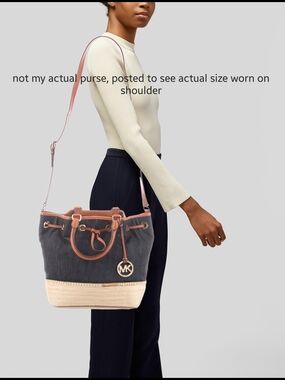 Michael Kors Navy Denim Tote with Luggage Brown Trim and Straw Base